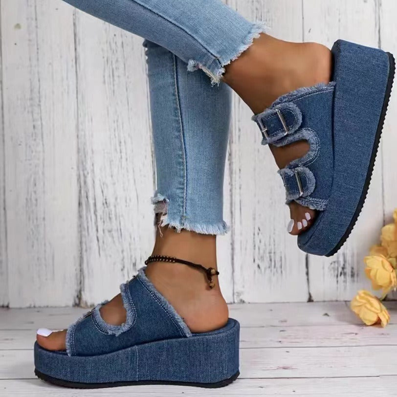 Mode Denim Schnalle Keile Sandalen Sommer Outdoor High Heel Hausschuhe Dicke Unterseite Camouflage Schuhe für Frauen