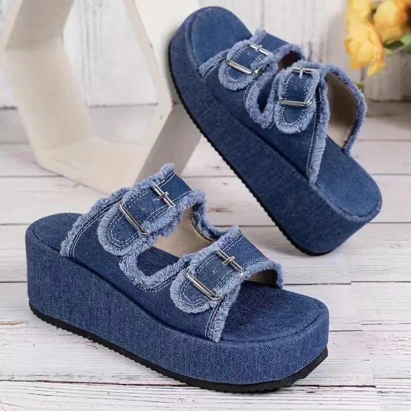 Mode Denim Schnalle Keile Sandalen Sommer Outdoor High Heel Hausschuhe Dicke Unterseite Camouflage Schuhe für Frauen