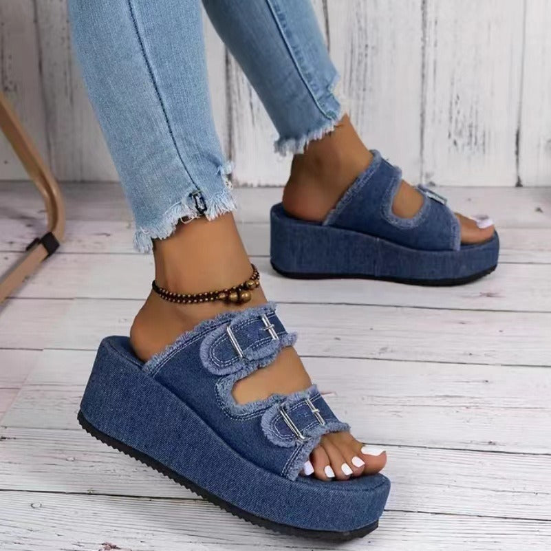 Mode Denim Schnalle Keile Sandalen Sommer Outdoor High Heel Hausschuhe Dicke Unterseite Camouflage Schuhe für Frauen