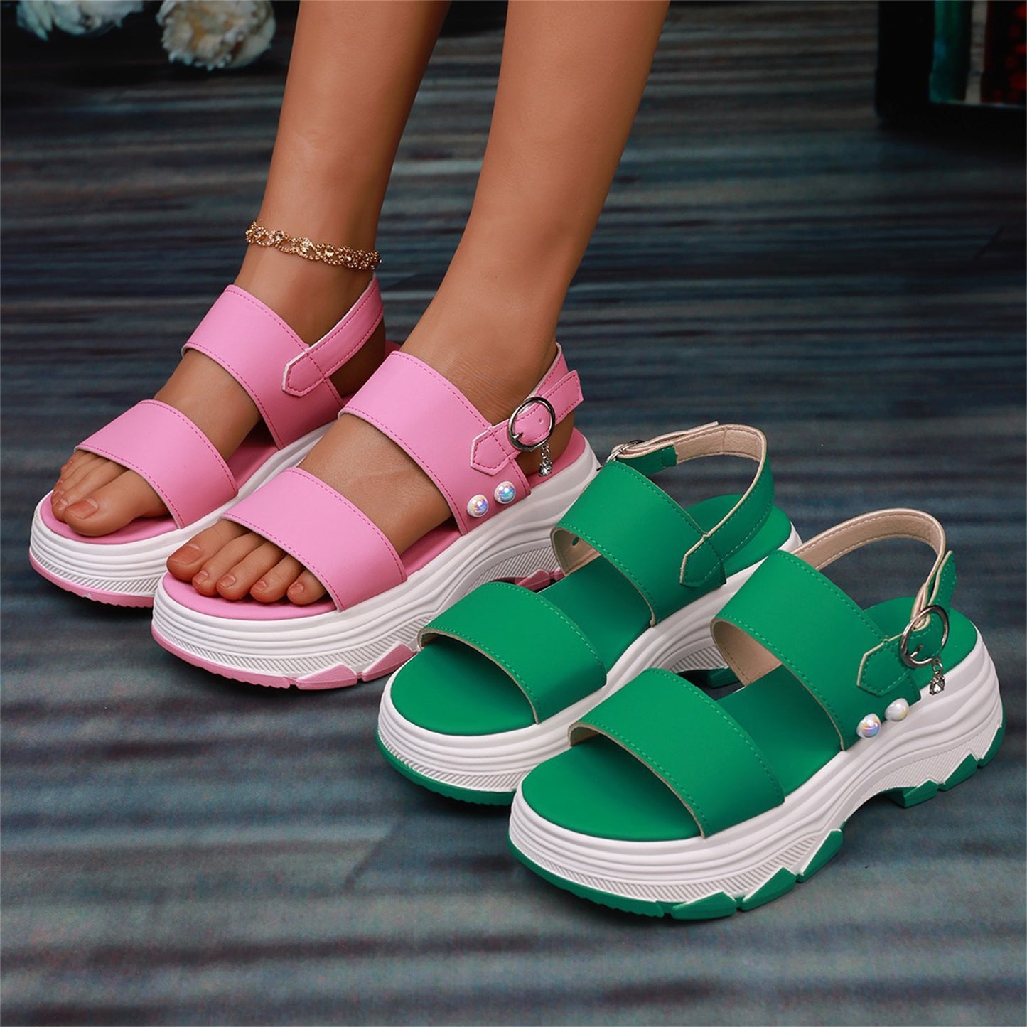 Lässige Doppelriemen-Sport-Sandalen Sommermode Einfarbig Dicke Unterseite Schnalle Fischmaulschuhe Damen