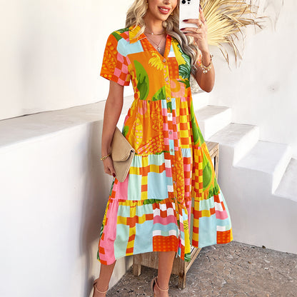 Urlaub Hohe Taille Geometrische Kontrast Farbe Kleid Damen Kleidung