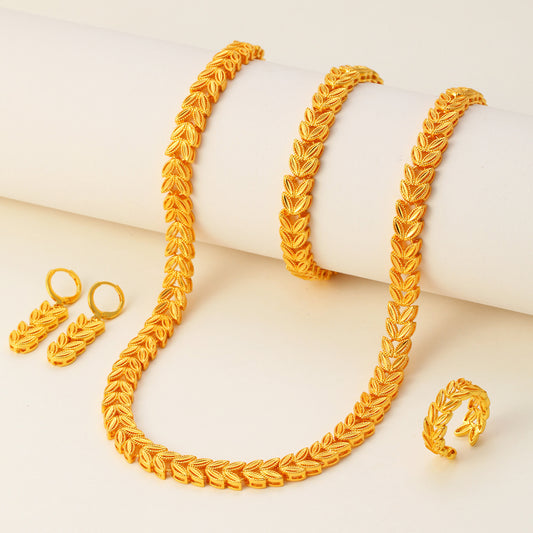 5-teiliges Retro-Schmuckset für Damen, elegantes 18-karätiges Gold mit Ahornblatt-Motiv, temperamentvoller Brautschmuck