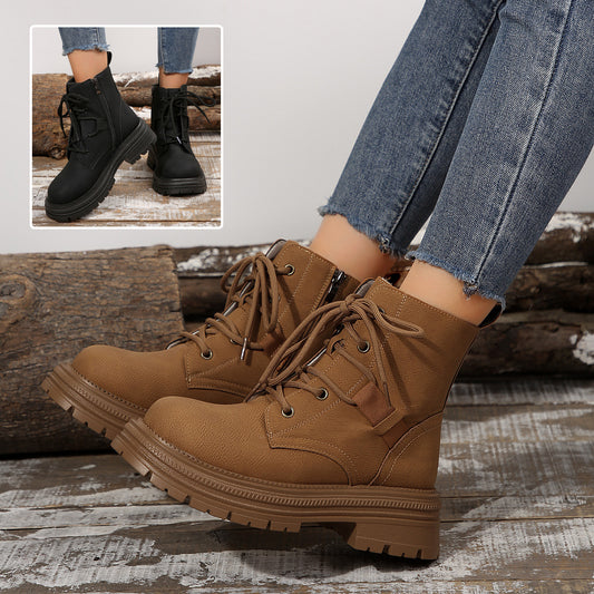 Schnürstiefel mit quadratischem Absatz für Damen, Herbst/Winter, All-Match-Schlank-Schuhe, modische Stiefelette