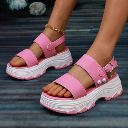 Lässige Doppelriemen-Sport-Sandalen Sommermode Einfarbig Dicke Unterseite Schnalle Fischmaulschuhe Damen