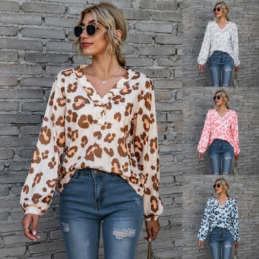 T-Shirt mit Leopardenmuster und V-Ausschnitt, modisch, lockere Langarmshirts für Damen