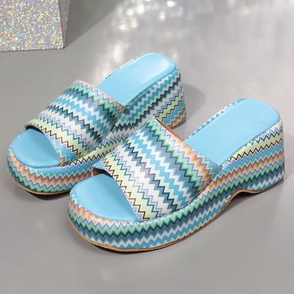 Mode Bunte Welle Print Wedges Sandalen Sommer Outdoor High Heel Hausschuhe Dicke Sohle Schuhe Für Frauen