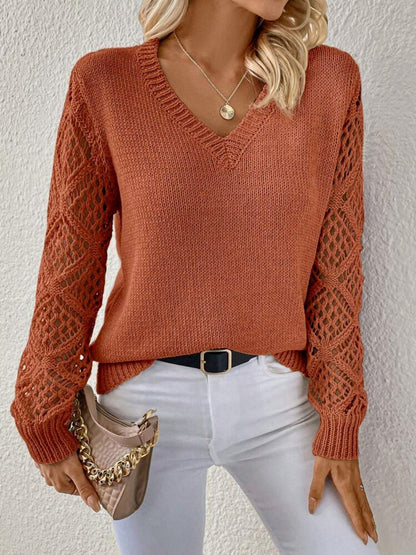 Solider Pullover mit V-Ausschnitt und hohlen, langärmeligen Modeoberteilen für Damen