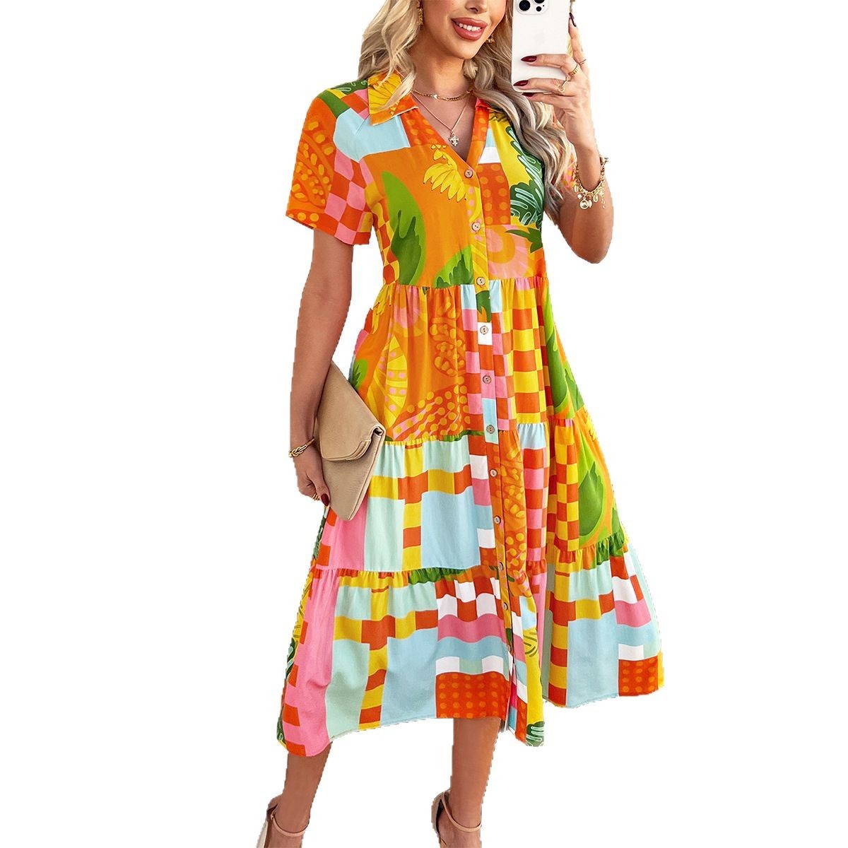 Urlaub Hohe Taille Geometrische Kontrast Farbe Kleid Damen Kleidung