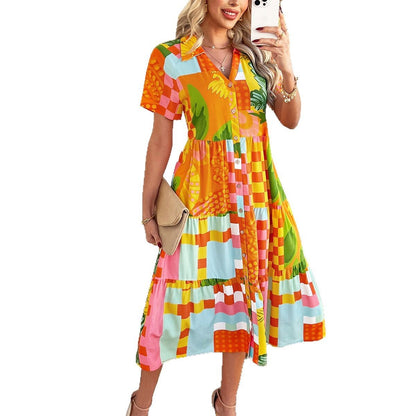 Urlaub Hohe Taille Geometrische Kontrast Farbe Kleid Damen Kleidung