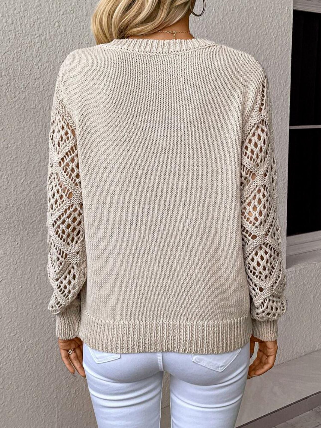 Solider Pullover mit V-Ausschnitt und hohlen, langärmeligen Modeoberteilen für Damen