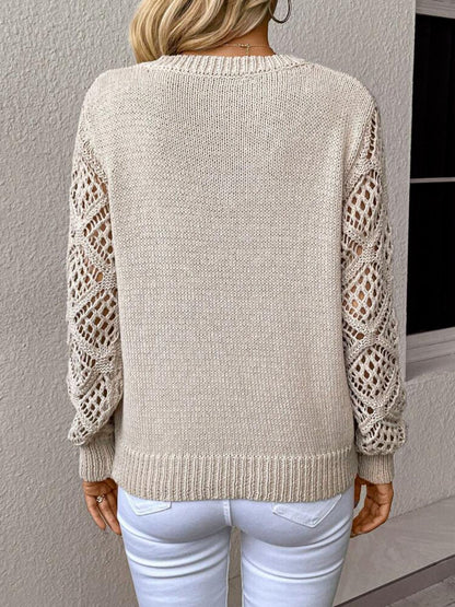 Solider Pullover mit V-Ausschnitt und hohlen, langärmeligen Modeoberteilen für Damen