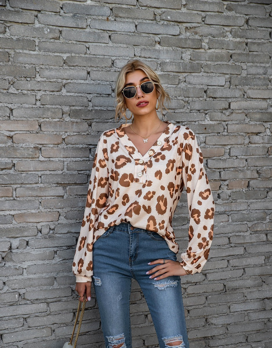 T-Shirt mit Leopardenmuster und V-Ausschnitt, modisch, lockere Langarmshirts für Damen