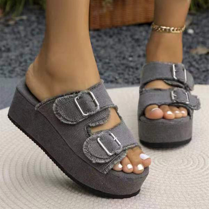 Mode Denim Schnalle Keile Sandalen Sommer Outdoor High Heel Hausschuhe Dicke Unterseite Camouflage Schuhe für Frauen