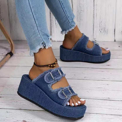 Mode Denim Schnalle Keile Sandalen Sommer Outdoor High Heel Hausschuhe Dicke Unterseite Camouflage Schuhe für Frauen