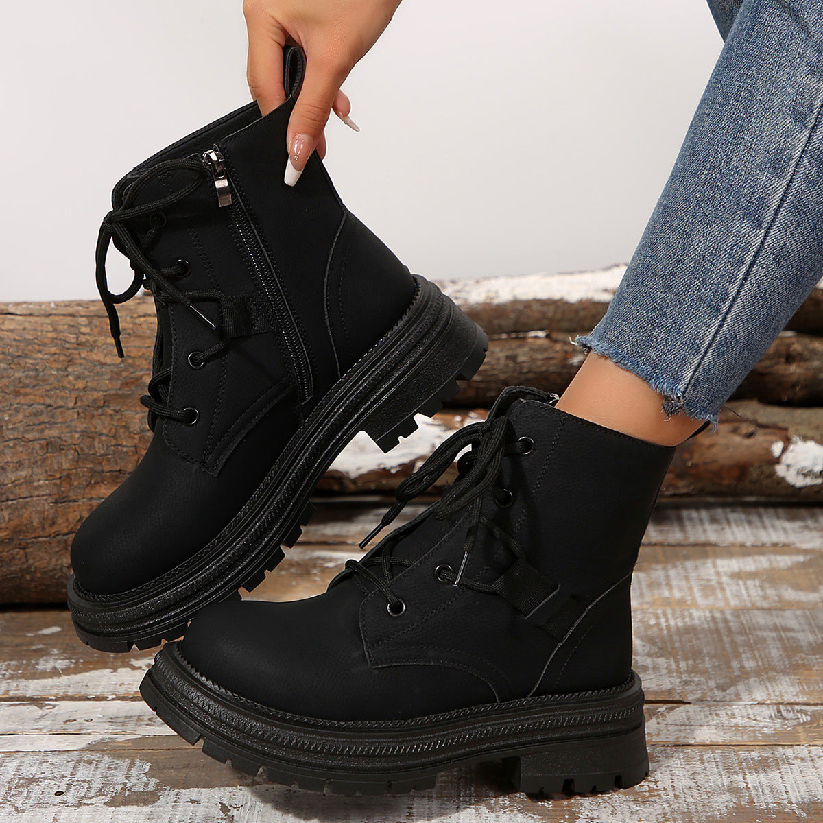 Schnürstiefel mit quadratischem Absatz für Damen, Herbst/Winter, All-Match-Schlank-Schuhe, modische Stiefelette