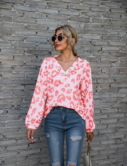 T-Shirt mit Leopardenmuster und V-Ausschnitt, modisch, lockere Langarmshirts für Damen