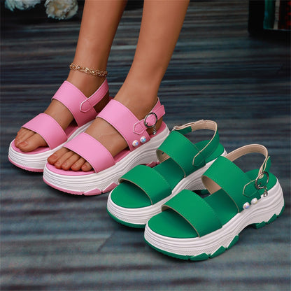 Lässige Doppelriemen-Sport-Sandalen Sommermode Einfarbig Dicke Unterseite Schnalle Fischmaulschuhe Damen