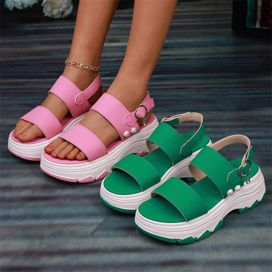 Lässige Doppelriemen-Sport-Sandalen Sommermode Einfarbig Dicke Unterseite Schnalle Fischmaulschuhe Damen
