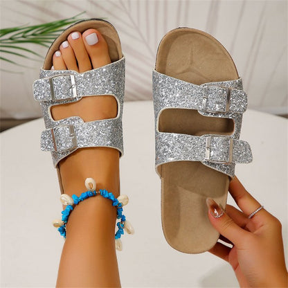 Doppelschnalle Sandalen für Frauen Neue Mode Pailletten Strandschuhe Sommer Freizeit Outdoor Hausschuhe Slides