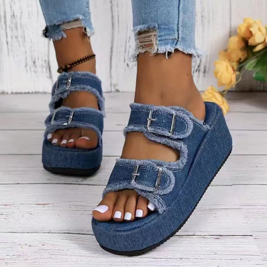 Mode Denim Schnalle Keile Sandalen Sommer Outdoor High Heel Hausschuhe Dicke Unterseite Camouflage Schuhe für Frauen
