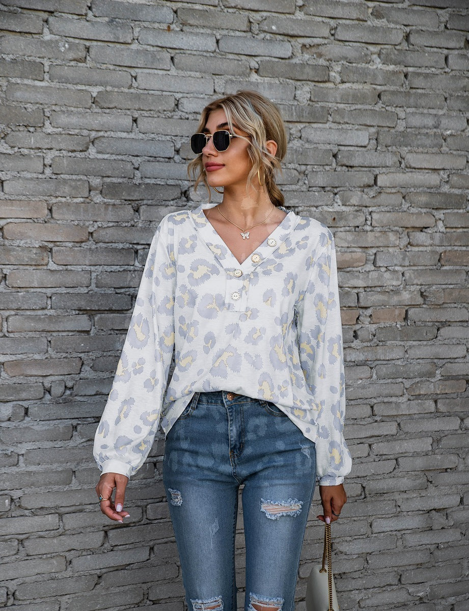 T-Shirt mit Leopardenmuster und V-Ausschnitt, modisch, lockere Langarmshirts für Damen