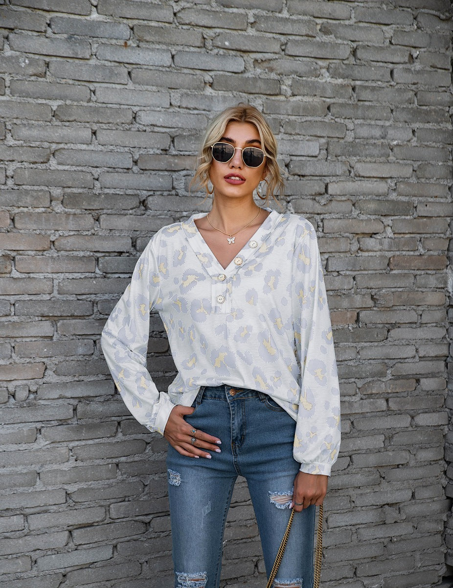 T-Shirt mit Leopardenmuster und V-Ausschnitt, modisch, lockere Langarmshirts für Damen