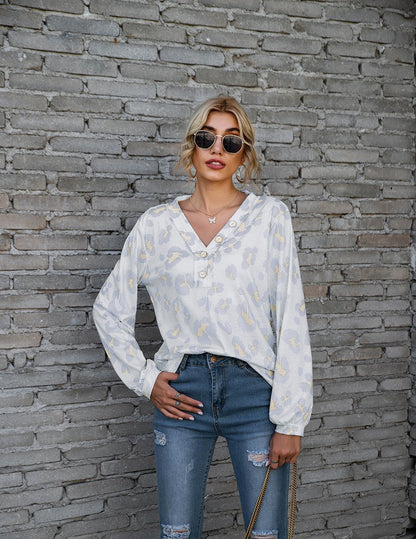 T-Shirt mit Leopardenmuster und V-Ausschnitt, modisch, lockere Langarmshirts für Damen