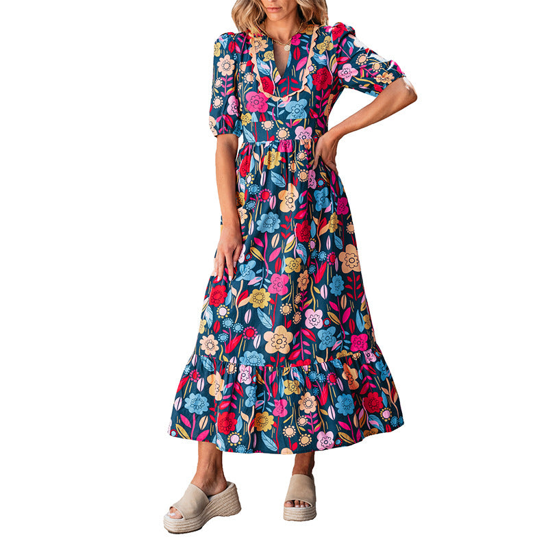 Vintage Floral Print Slim Fit Long Dress Women's Clothing