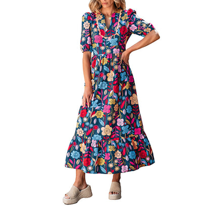 Vintage Floral Print Slim Fit Long Dress Women's Clothing