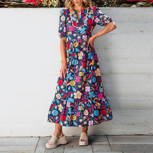 Vintage Floral Print Slim Fit Long Dress Women's Clothing