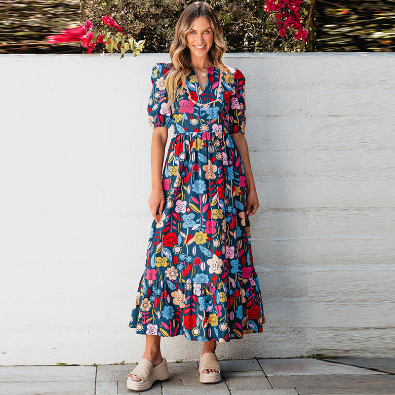 Vintage Floral Print Slim Fit Long Dress Women's Clothing