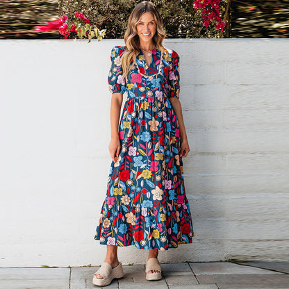 Vintage Floral Print Slim Fit Long Dress Women's Clothing