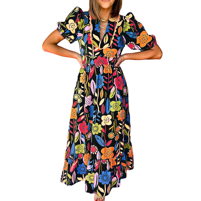 Vintage Floral Print Slim Fit Long Dress Women's Clothing