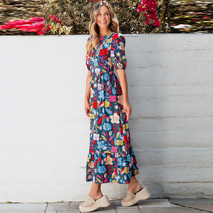 Vintage Floral Print Slim Fit Long Dress Women's Clothing