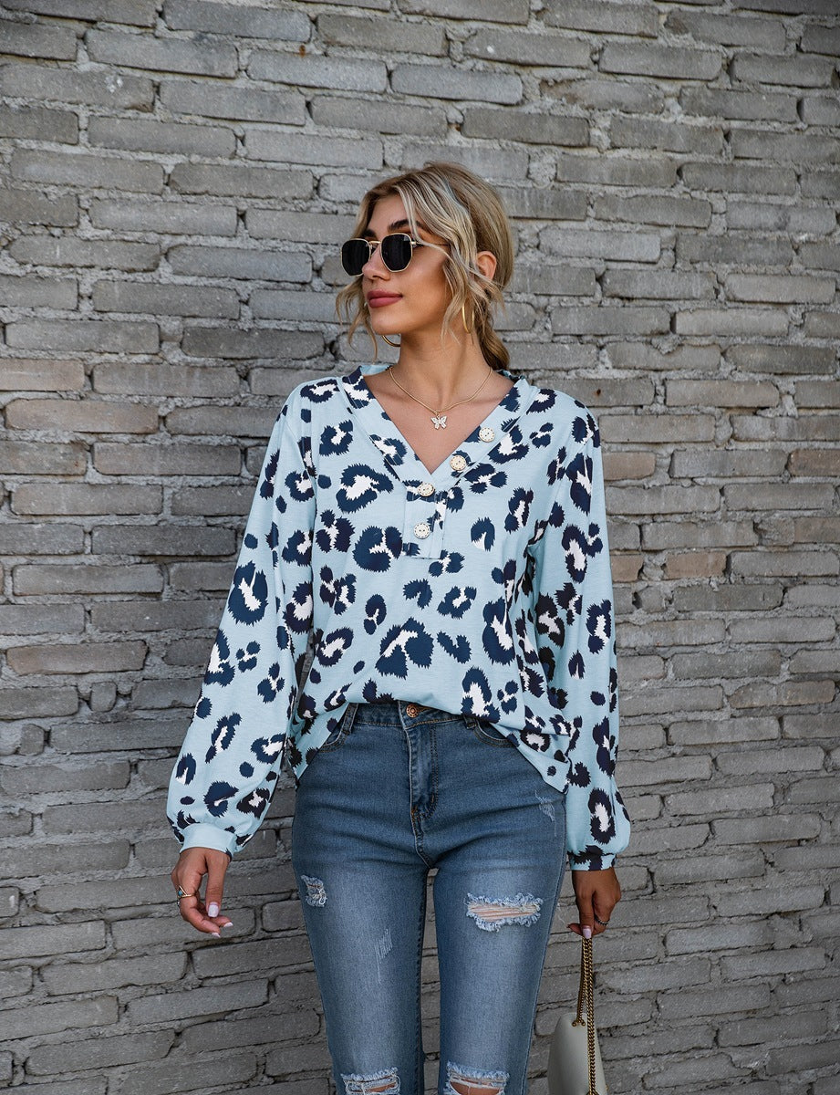 T-Shirt mit Leopardenmuster und V-Ausschnitt, modisch, lockere Langarmshirts für Damen