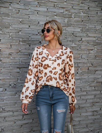 T-Shirt mit Leopardenmuster und V-Ausschnitt, modisch, lockere Langarmshirts für Damen