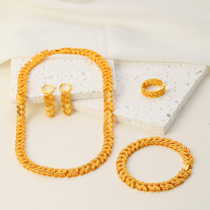 5-teiliges Retro-Schmuckset für Damen, elegantes 18-karätiges Gold mit Ahornblatt-Motiv, temperamentvoller Brautschmuck