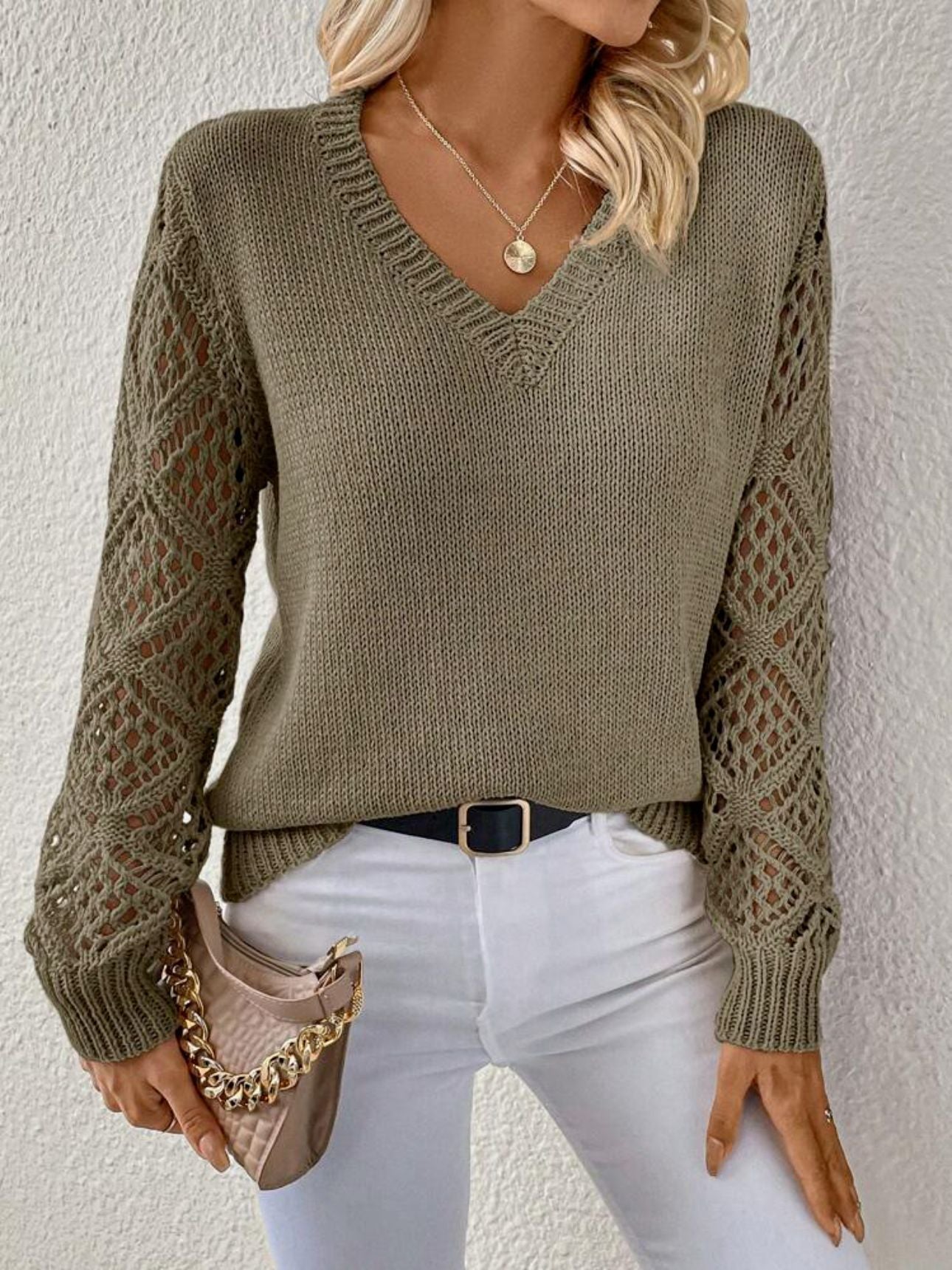 Solider Pullover mit V-Ausschnitt und hohlen, langärmeligen Modeoberteilen für Damen