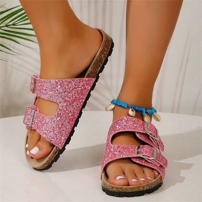 Doppelschnalle Sandalen für Frauen Neue Mode Pailletten Strandschuhe Sommer Freizeit Outdoor Hausschuhe Slides