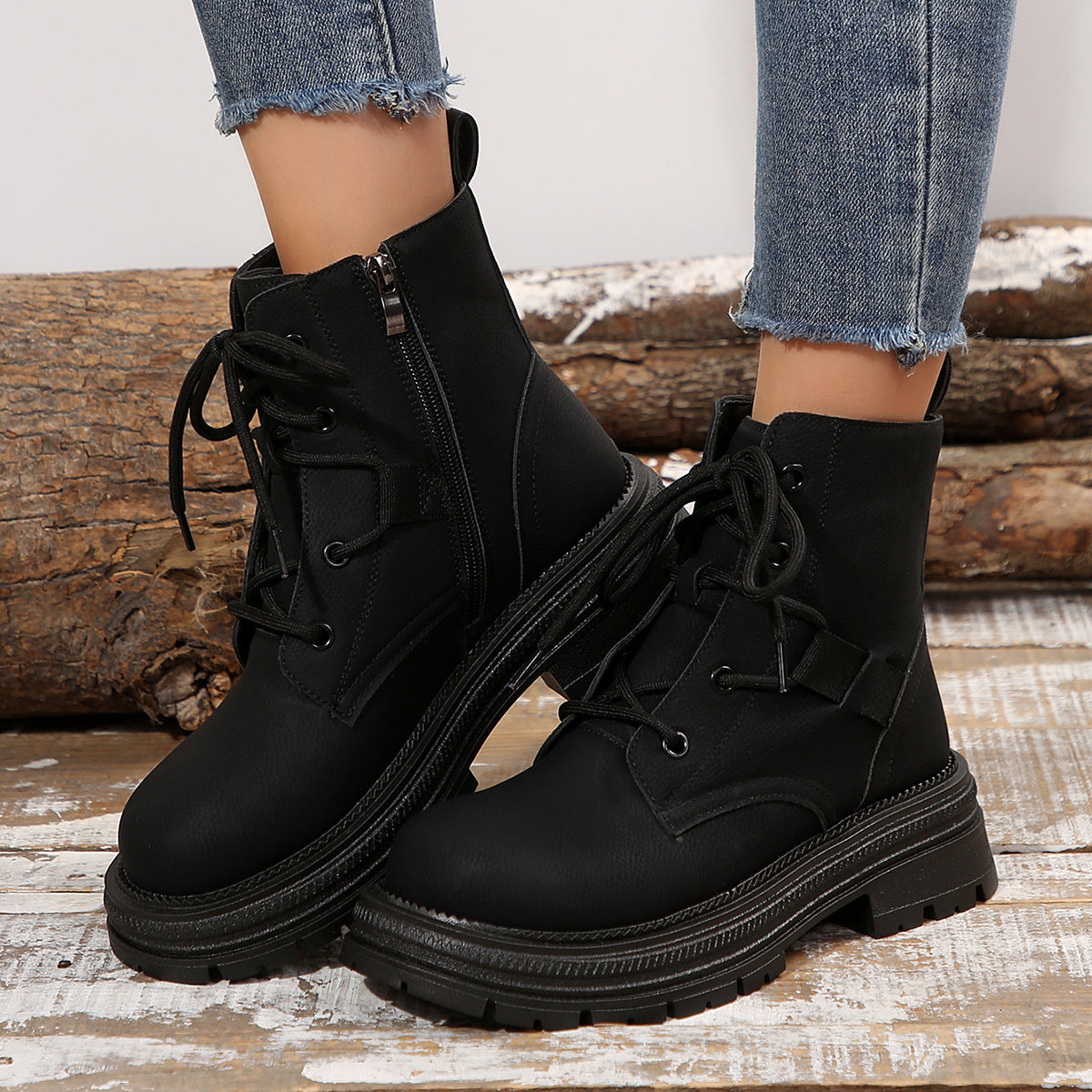 Schnürstiefel mit quadratischem Absatz für Damen, Herbst/Winter, All-Match-Schlank-Schuhe, modische Stiefelette