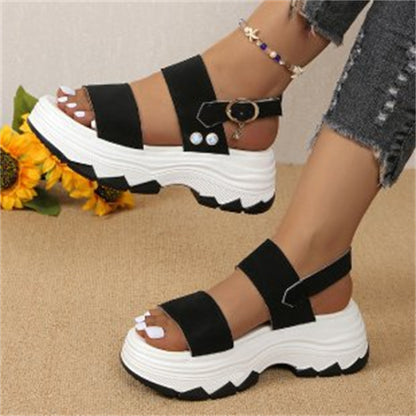 Lässige Doppelriemen-Sport-Sandalen Sommermode Einfarbig Dicke Unterseite Schnalle Fischmaulschuhe Damen
