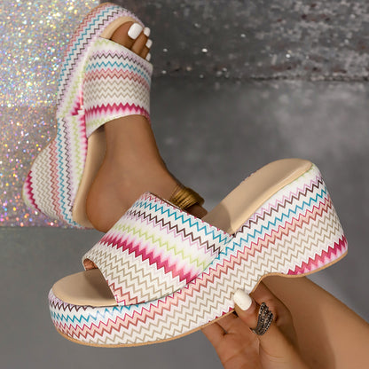 Mode Bunte Welle Print Wedges Sandalen Sommer Outdoor High Heel Hausschuhe Dicke Sohle Schuhe Für Frauen