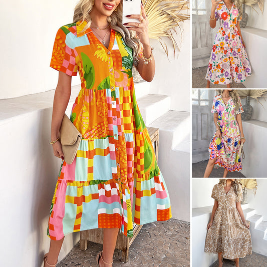Urlaub Hohe Taille Geometrische Kontrast Farbe Kleid Damen Kleidung
